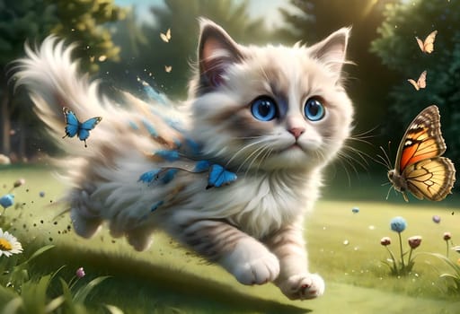 a small beautiful cartoon Ragdoll kitten runs across the lawn chasing a butterfly. AI generated image.