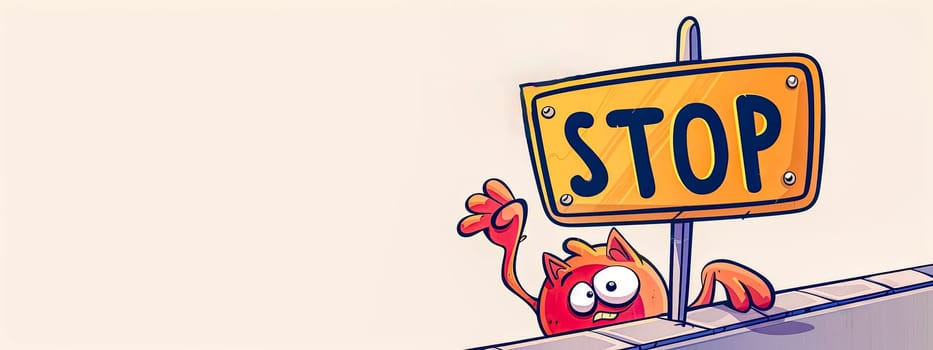 Playful red monster cartoon character peeking and holding a stop sign on a light background