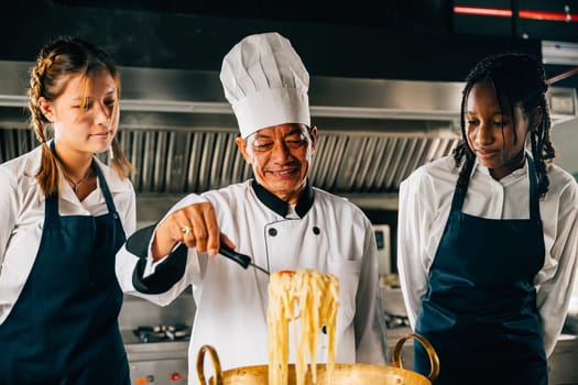 Chef guides students in kitchen. Schoolgirls cook Japanese noodle. Kids with teacher at stove. Smiling portrait of learning is modern education. Making dinner with ladle gives joy.