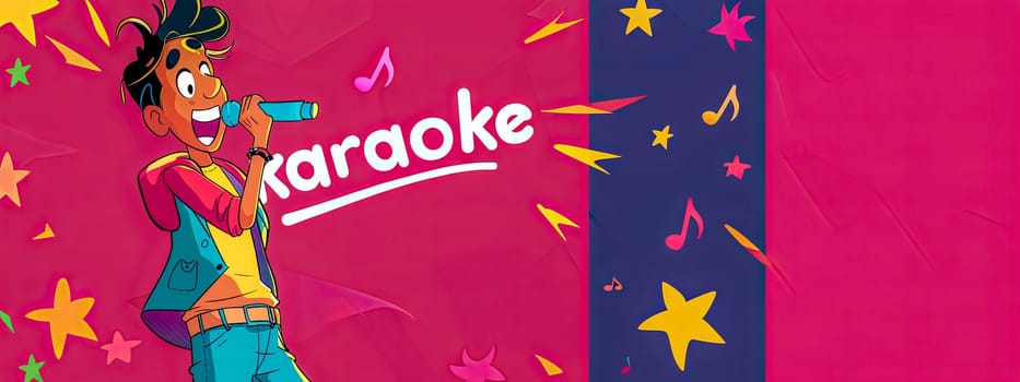 Young male cartoon character performing karaoke on stage with a microphone. Entertaining the audience with a fun and energetic singing performance. Bringing excitement to the party and event industry