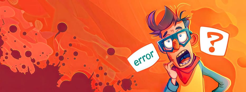 Cartoon of a perplexed young man with error sign and question mark amidst abstract background