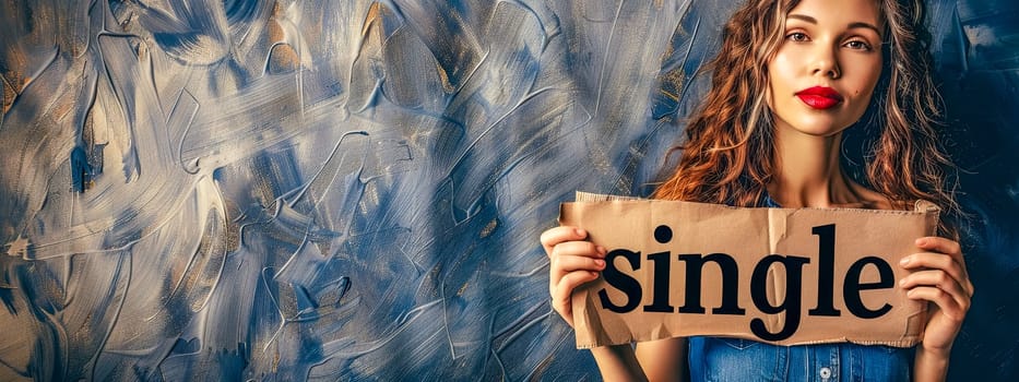 Stylish young woman posing with a 'single' sign against a textured backdrop