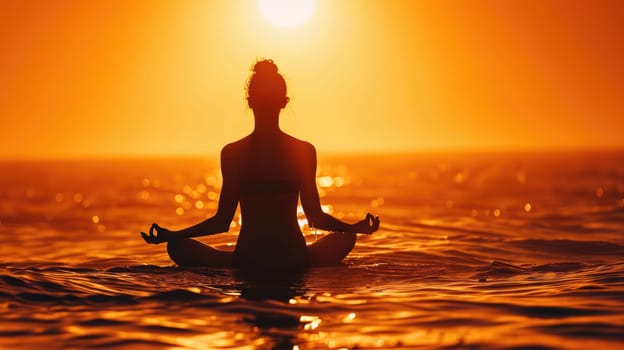 The picture of the young or adult female human doing the yoga pose for relaxation or meditating the mind in the middle of the nature under the bright sun in the daytime of a dawn or dusk day. AIGX03.