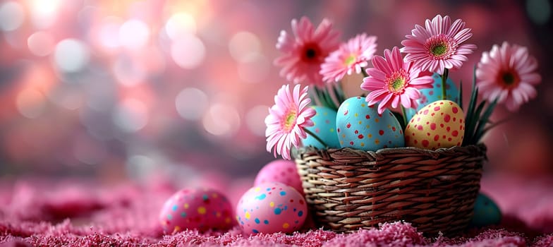 Basket with colorful Easter eggs and blooming flower - Easter background AI generated.