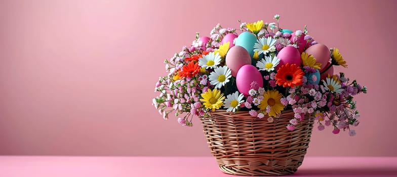 Basket with colorful Easter eggs and blooming flower - Easter background AI generated.