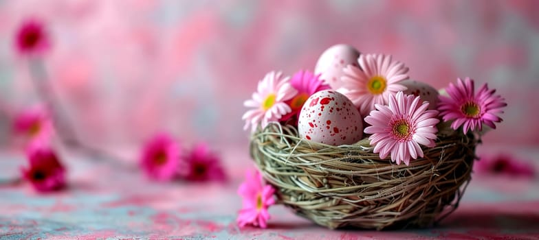 Basket with colorful Easter eggs and blooming flower - Easter background