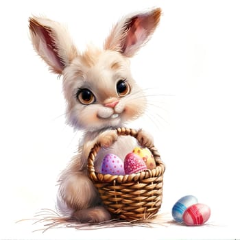 Cute cartoon Easter bunny holding a basket with painted eggs. AI generated