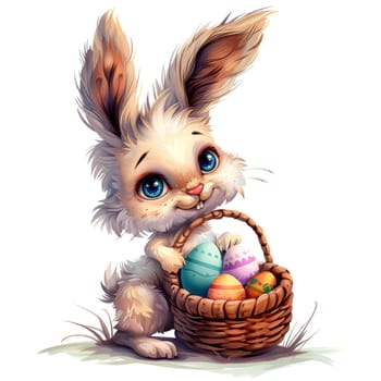 Cute cartoon Easter bunny holding a basket with painted eggs. AI generated