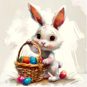 Cute cartoon Easter bunny holding a basket with painted eggs. AI generated