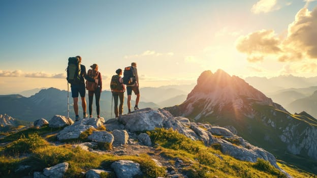 A group of friends on a hiking adventure, panoramic mountain views, capturing the spirit of friendship and exploration. Resplendent.