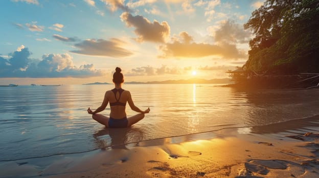 A tranquil yoga session on a beach at sunrise, calm sea in the background. Resplendent.