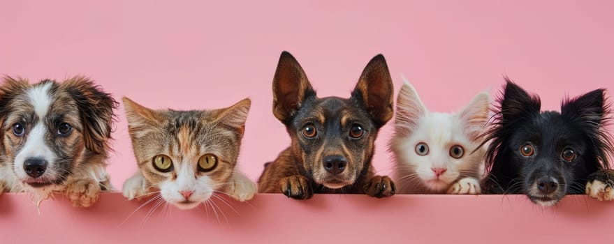 The picture of front view and close up of the multiple group of the various cat and dog in front of the bright pink background that look back to the camera with the curious and interest face. AIGX03.