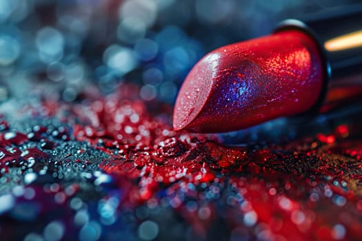 Red lipstick on canvas with paint strokes.