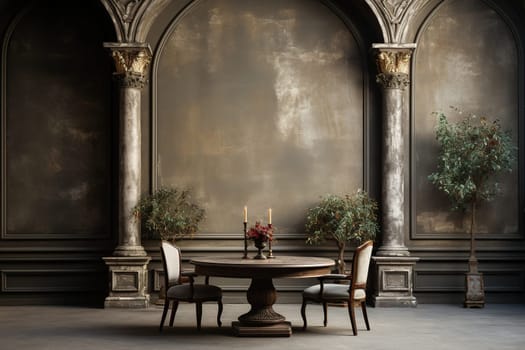 Table for two in a restaurant with vintage antique luxury style. High hall with columns.
