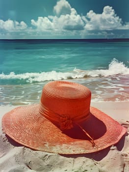 A crimson red cap rests on the sandy shore, overlooking the vast ocean. The clear blue sky is dotted with fluffy cumulus clouds, creating a serene natural landscape perfect for travel