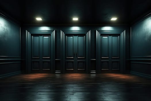 Dark empty room with a closed door and lamps on the wall.