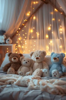 A group of plush teddy bears, with soft fur, sitting on top of a bed, adding a touch of interior design to the room. The toys are surrounded by curtains, creating a cozy atmosphere