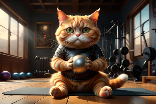 A fat cat in a T-shirt is doing sports in the gym .AI generated image.