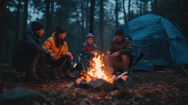 A fun camping event with a group of people sitting around a tent, enjoying the warmth of a fire, amidst the beautiful forest landscape. AIG41