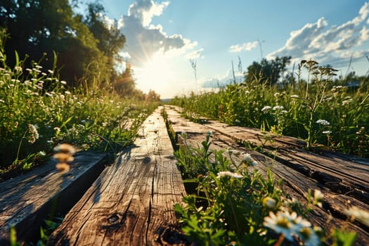 The picture of the wood table in the middle of the forest that surrounded with an uncountable amount of tree and plant in the forest with a bright light from the brightest sun of the daytime. AIGX03.