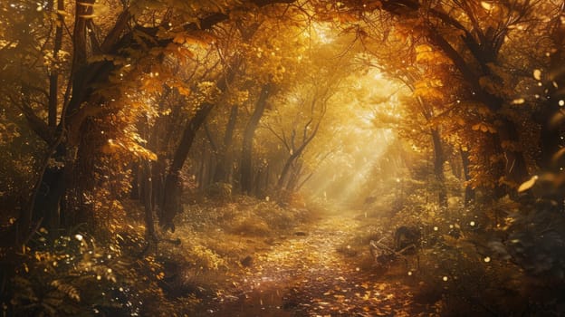 An enchanted forest in autumn, filled with golden leaves in autumn. Resplendent.