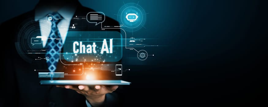 Human interact with AI artificial intelligence virtual assistant chatbot in concept of AI artificial intelligence prompt engineering, LLM AI deep learning to use generative AI for work support. NLP