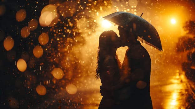 Couple kissing in the rain with back cinematic light. Neural network generated image. Not based on any actual person or scene.