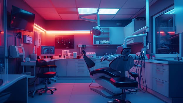 The building has a dental office with red and electric blue lights, a magenta dental chair, and indoor games for entertainment
