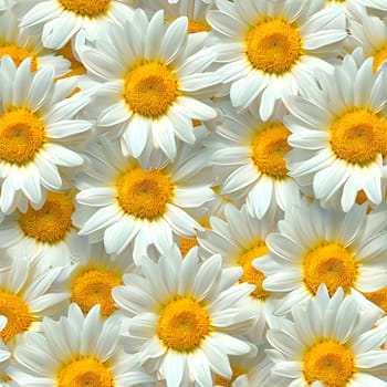 A Lot Of White Yellow Daisies or chamomile flowers - for full-frame background and seamless texture. Neural network generated image. Not based on any actual scene or pattern.