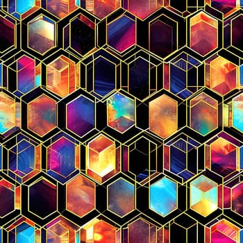 Seamless texture and full-frame background of colorful glass mosaic honeycomb hexagonal tiles. Neural network generated image. Not based on any actual scene or pattern.