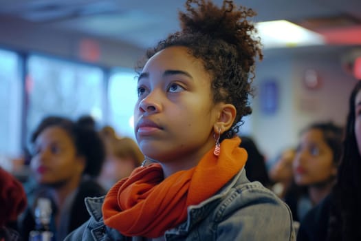 A young attendee is deeply engaged in an advocacy event, reflecting the power of youth in social movements. The image captures the attentive expression of participation and awareness