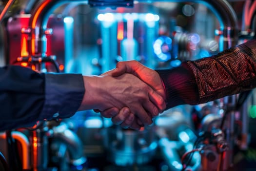 A firm handshake in front of sophisticated equipment signifies a deal in the world of technology and innovation