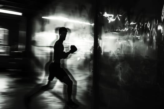 A boxer engages in a focused training session, punching a heavy bag in a dimly lit gym. The determination is palpable in the contrasted black and white tones