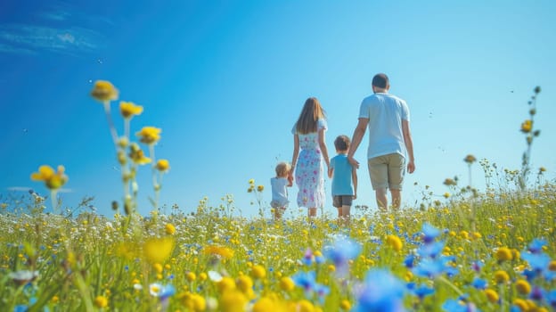 A happy family holding hands walks through a grassy field of flowers, surrounded by the beautiful natural landscape and vast sky. AIG41