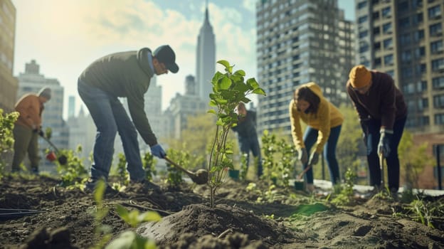 A group of people is tending to plants, shrubs, and trees in a garden, with city buildings visible in the background. AIG41