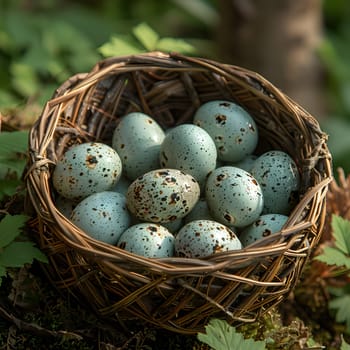 A woven wicker basket filled with quail eggs is placed on a boulder, surrounded by twigs and a bird nest. The natural material complements the event of finding the eggs in the nest