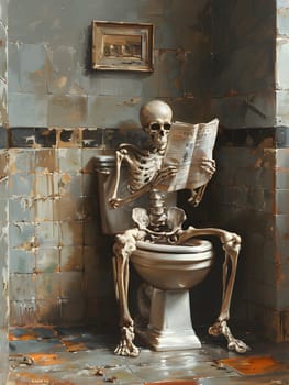 A sculpture made of metal and wood depicting a skeleton sitting on a toilet, reading a newspaper. This unique piece of art is a visual arts artifact displayed in a room