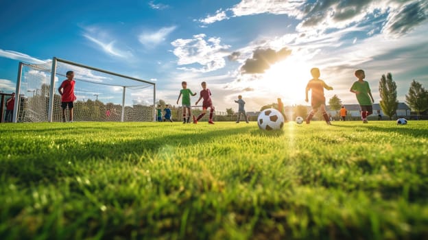 A group of players are enjoying a game of soccer on a grassfield under the blue sky, surrounded by trees and lush green landscape. AIG41