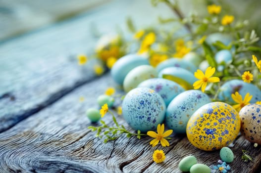 Colored Easter eggs, speckled with festive patterns, lay scattered across a weathered wooden surface. eggs are surrounded by spring flowers and fresh green sprigs, spring season - Generative AI