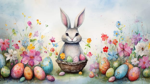 illustration of a whimsical Easter Bunny sitting with a basket of decorated eggs amidst a beautiful array of springtime flowers. Traditional celebration of Easter and coming of spring - Generative AI