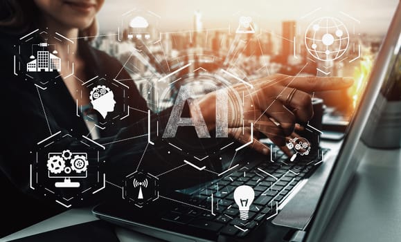 AI Learning and Artificial Intelligence Concept - Icon Graphic Interface showing computer, machine thinking and AI Artificial Intelligence of Digital Robotic Devices. uds