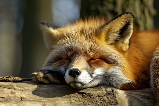 peaceful moment of a red fox sleeping in the warm embrace of sunlight, its fur aglow with the golden hues of the forest - Generative AI