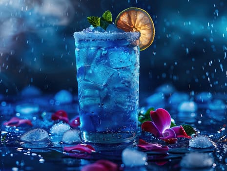 Delicious Blue Lagoon cocktail photography, explosion flavors, studio lighting, studio background, well-lit, vibrant colors, sharp-focus, high-quality, artistic, unique. glass of blue cocktail