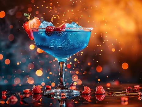 Delicious Blue Lagoon cocktail photography, explosion flavors, studio lighting, studio background, well-lit, vibrant colors, sharp-focus, high-quality, artistic, unique. glass of blue cocktail