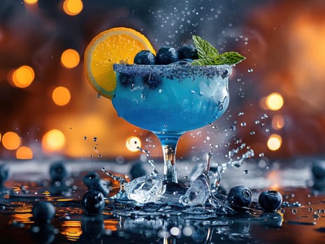 Delicious Blue Lagoon cocktail photography, explosion flavors, studio lighting, studio background, well-lit, vibrant colors, sharp-focus, high-quality, artistic, unique. glass of blue cocktail