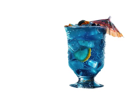 Delicious Blue Lagoon cocktail photography, explosion flavors, studio lighting, studio background, well-lit, vibrant colors, sharp-focus, high-quality, artistic, unique. glass of blue cocktail