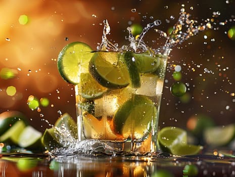 Delicious Caipirinha cocktail photography, explosion flavors studio lighting studio background, well-lit, vibrant colors, sharp-focus, high-quality, artistic, unique