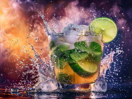 Delicious Caipirinha cocktail photography, explosion flavors studio lighting studio background, well-lit, vibrant colors, sharp-focus, high-quality, artistic, unique