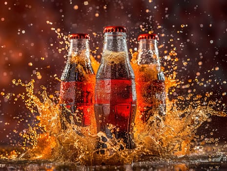 Delicious Cola photography, explosion flavors, studio lighting, studio background well-lit vibrant colors, sharp-focus, high-quality, artistic, unique. Cola in original glass with straw and ice cubes