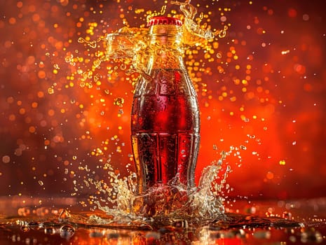 Delicious Cola photography, explosion flavors, studio lighting, studio background well-lit vibrant colors, sharp-focus, high-quality, artistic, unique. Cola in original glass with straw and ice cubes